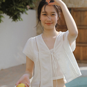 LLANO天丝法式 外搭上衣衬衣女夏 衬衫 镂空蕾丝系带小衫 复古花边袖