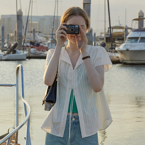 LLANO直筒法式绑带短袖棉凤琴褶