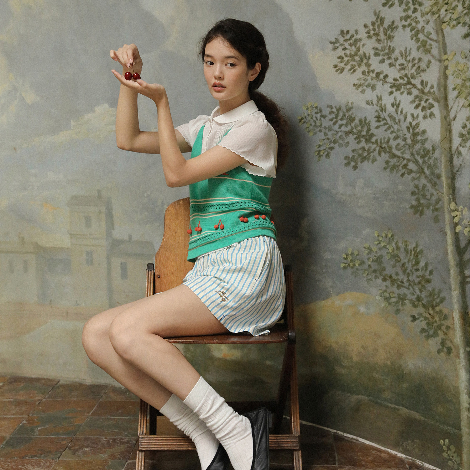 LLANO樱桃色彩条纹双肩带吊带背心复古甜美叠穿上衣内搭外穿女夏