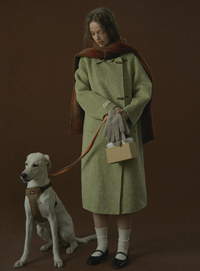 LLANO槐花绿斜门襟呢子大衣优雅高级法式复古长款毛呢外套女秋冬