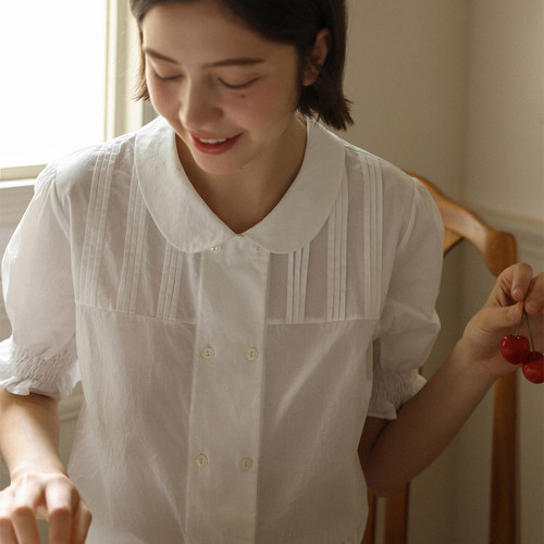 LLANO潘多拉夏天 彼得潘领双排扣衬衫复古法式外搭上衣衬衣女夏季