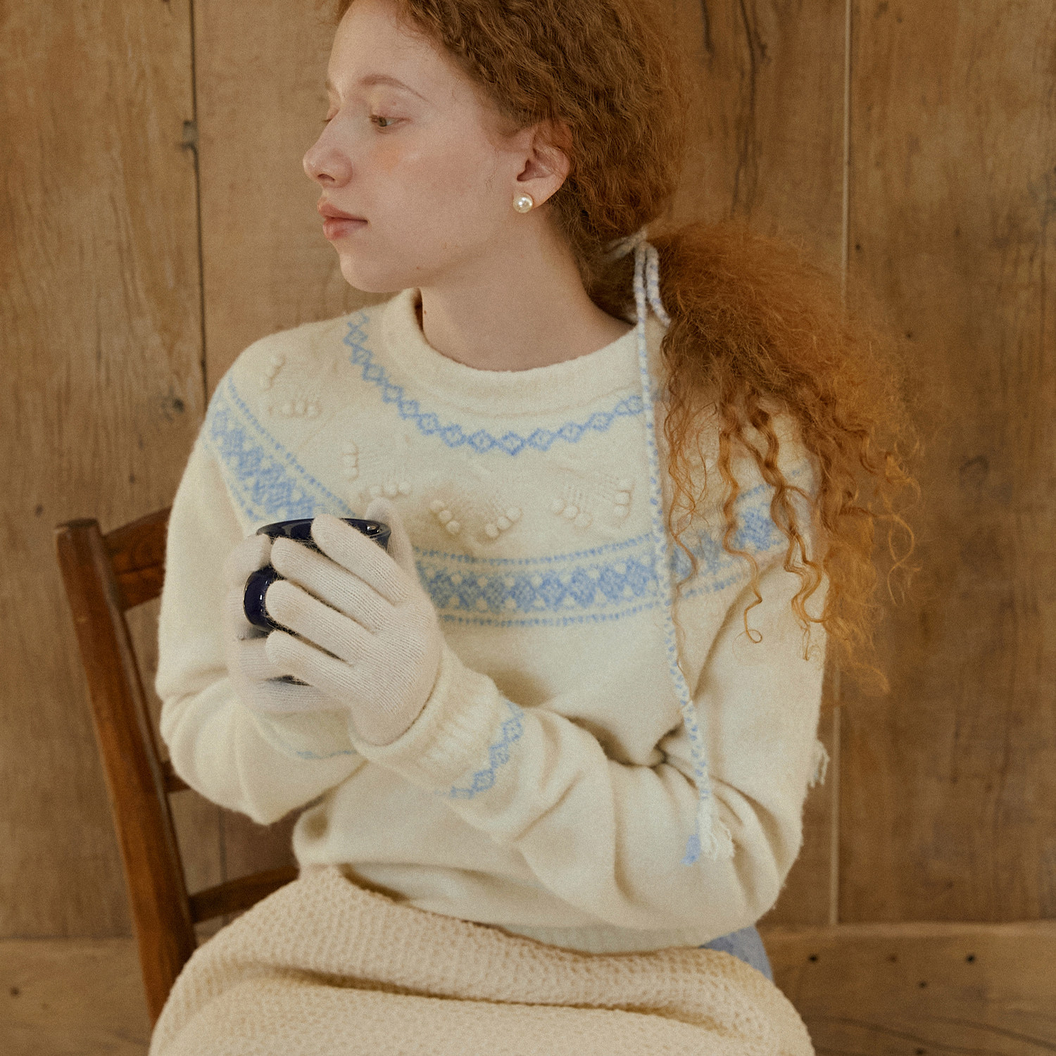 LLANO圆领费尔岛绞花毛衣女秋冬