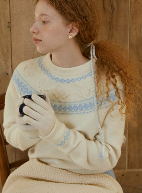 LLANO圆领预克绞花针织费尔岛毛衣北欧复古法式上衣外套女秋冬季