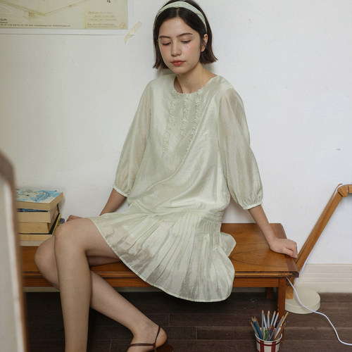 LLANO夏末微光 拼接百褶七分袖连衣裙莱赛尔复古法式宫廷短裙女夏