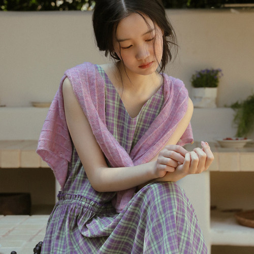 LLANO复古格纹背心连衣裙藤萝紫