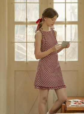 LLANO红格纹绑带吊带裙背心连衣裙复古收腰甜美短裙中长裙女夏季