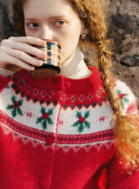 LLANO落雪圣诞岛冬青费尔岛针织开衫北欧复古毛衣上衣外套女秋冬