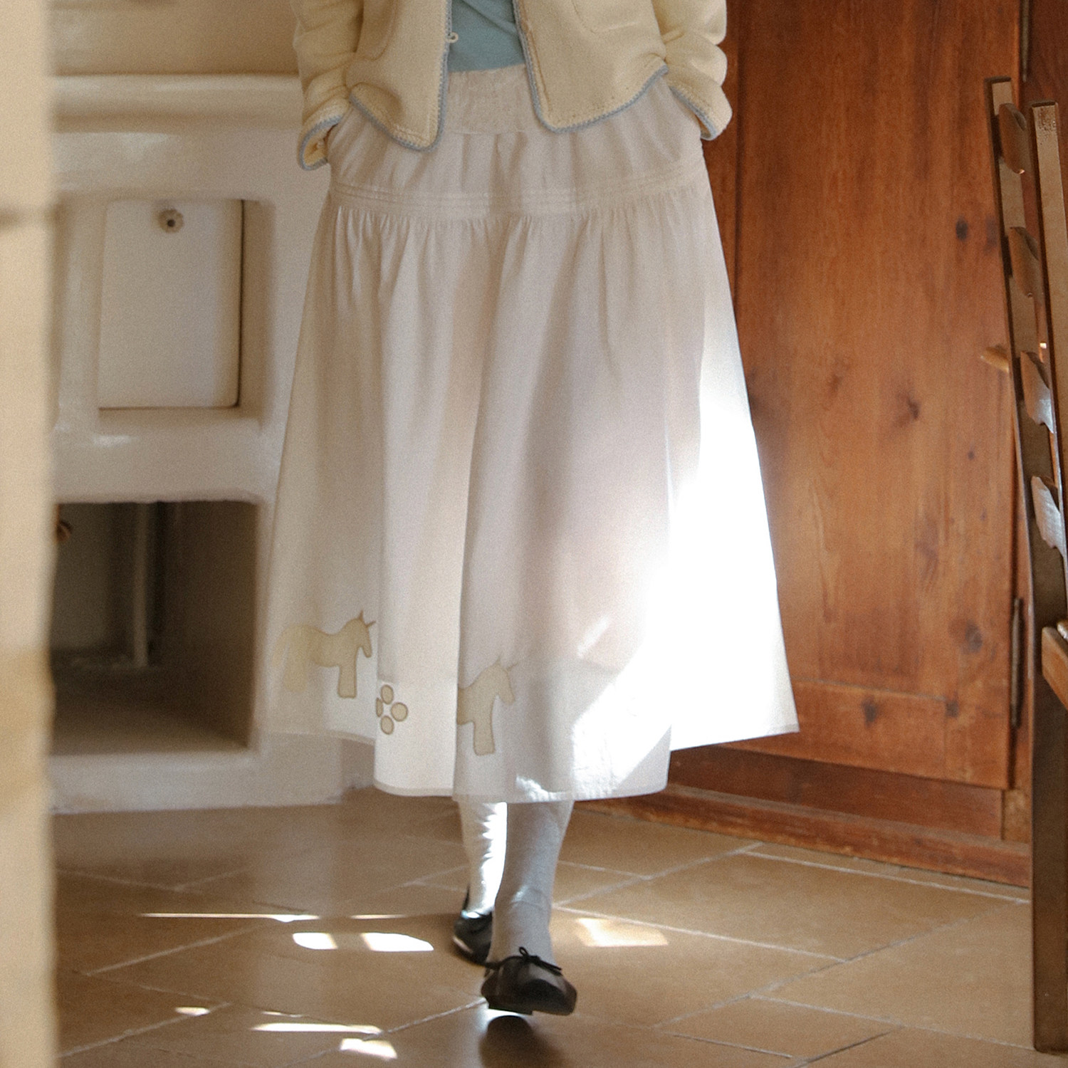 LLANO小马贴布绣半身裙长裙复古法式版画感艺术半裙小a裙子女夏季