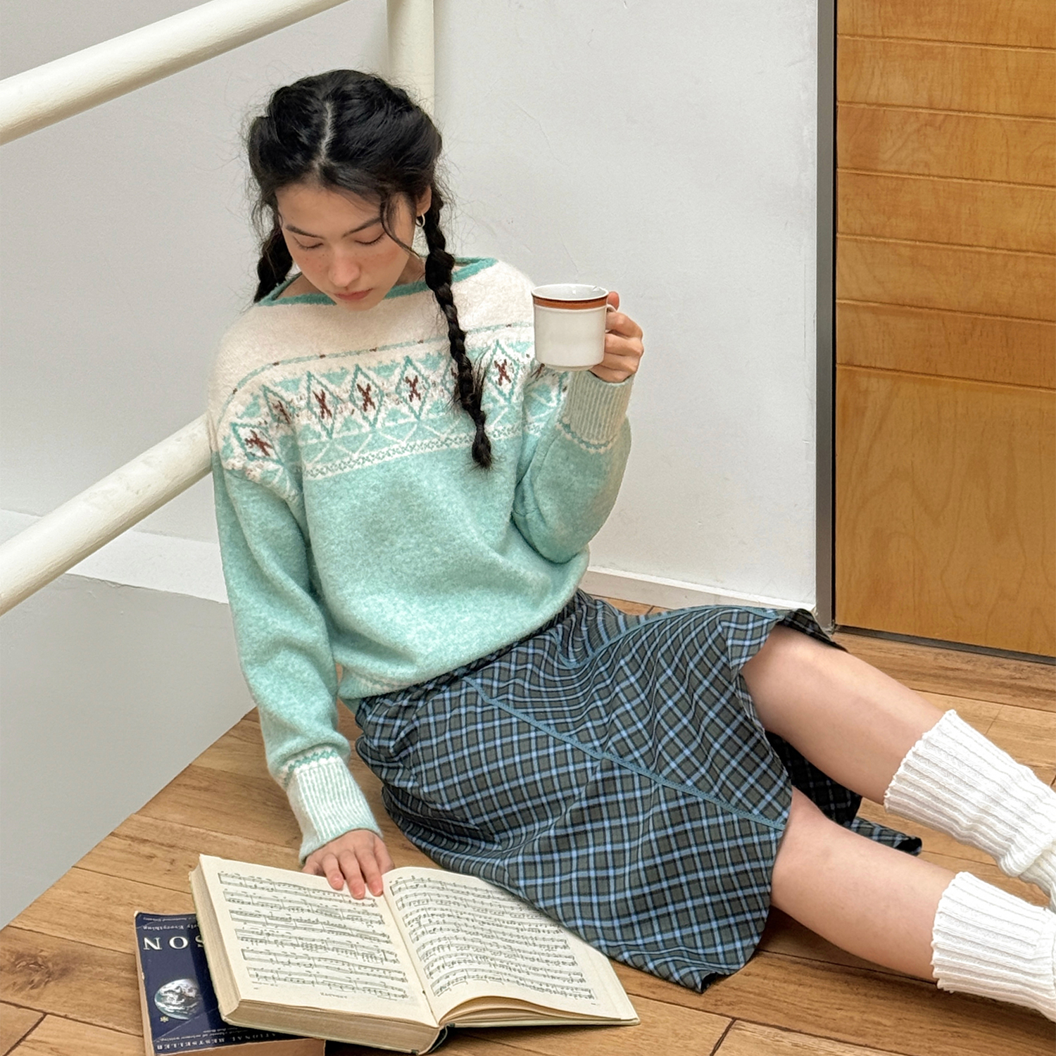 一字领几何费尔岛毛衣套头针织