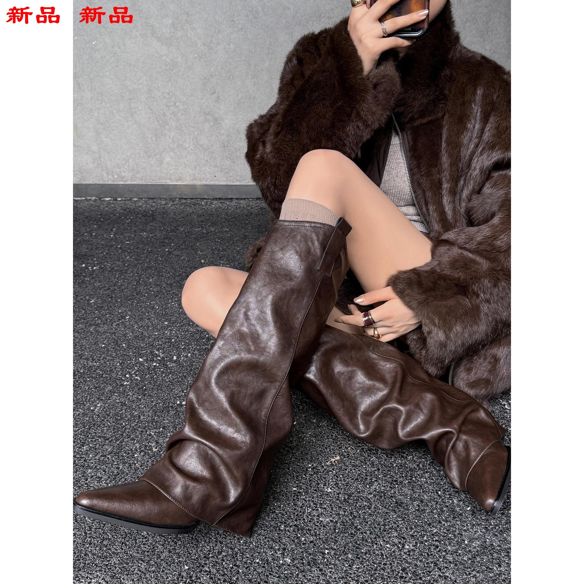 手工女显筒不过靴膝暗黑裤管黑色粗靴尖头纯欲瘦高跟长筒靴骑士