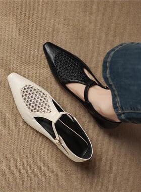 女小码43浅口小众女鞋镂空413233透气单鞋跟复古大码法式低一编织