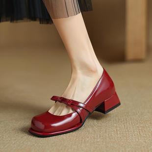 3334新款 小码 蝴蝶结复古女鞋 码 珍鞋 粗跟2024浅口玛丽单鞋 温柔春季