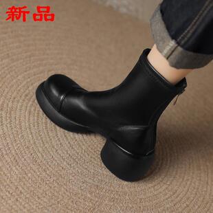 法式 瘦瘦一拉链女靴43后 短靴宽脚41马丁跟英伦厚底弹力高靴风大码
