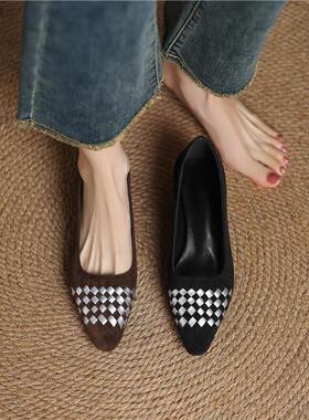 低43单鞋2025复古尖头新款绒面一春秋女小码浅口女鞋跟413233大码