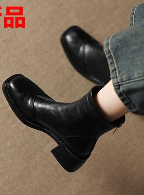 跟43方头短靴女感粗中法式40粗大码短靴小码显瘦高级秋冬-33334跟