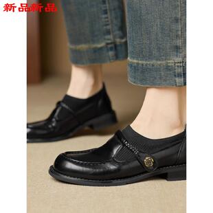 单鞋 脚蹬通勤4340一大码 黑色英伦跟 皮带扣风低女乐福鞋