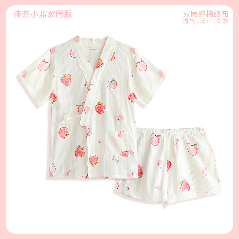 夏季日系甜美短袖短裤女薄款草莓森系斜襟双层纯棉纱布家居服套装