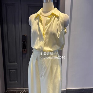 极简优雅女王 立裁淡鹅黄色削肩衬衫 西装裤套装 时髦度假风