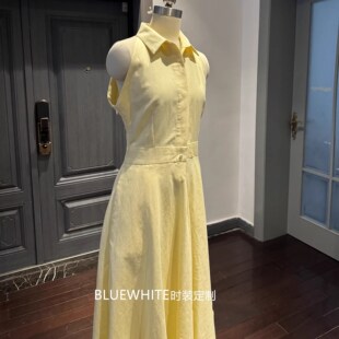 定制 比利时亚麻削肩衬衫式连衣裙 斜裁明媚黄色亚麻裙子 度假