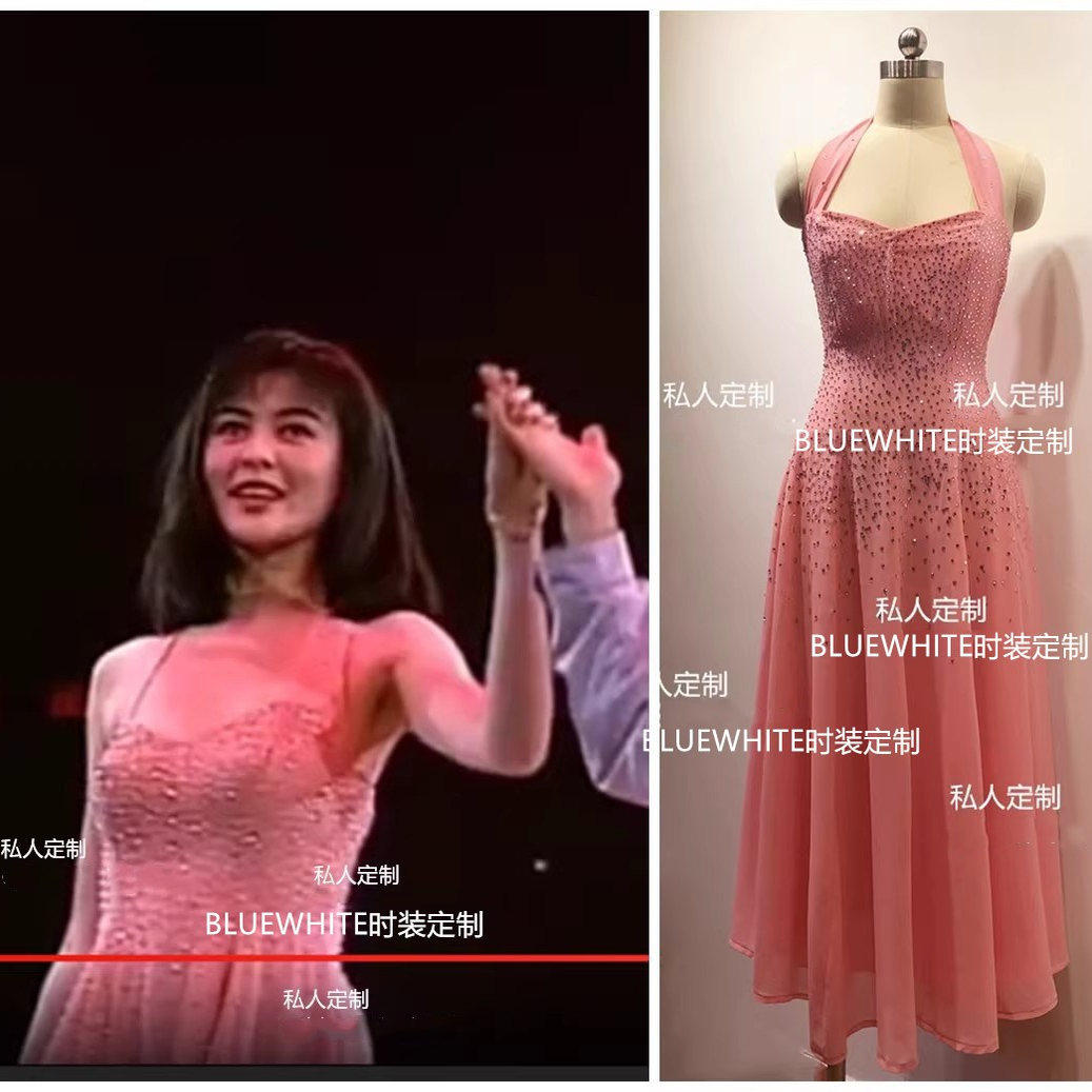 手工定制 关之琳同款连衣裙挂脖闪闪水钻光泽礼服裙 轻婚纱 生日