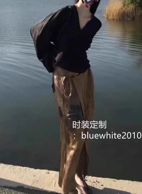 富贵千金桑蚕丝套装裙 深V绑带香云纱裹身式连衣裙 咖色真丝长裙