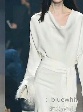 定制 荡领斜裁 羽毛袖白色真丝连衣裙  桑蚕丝度假女神裙子