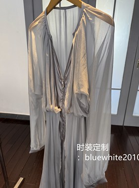定制 灰色立裁桑蚕丝连衣裙 双层真丝度假长裙 女神裙子