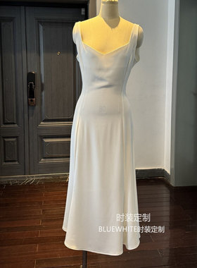 白色优雅轻礼服 林青霞同款 低方领长款连衣裙 轻婚纱 生日裙度假