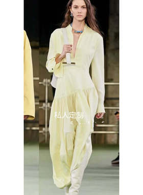 定制 朱珠同款 法式浪漫洒脱 奶黄色长腰线立裁连衣裙 度假仙女裙