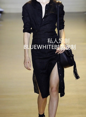 定制 2025春夏新款 立裁斜襟挖空设计薄亚麻衬衫式连衣裙