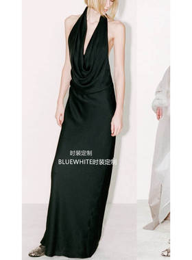 富贵千金轻礼服  桑蚕丝深V领露背连衣裙 黑色丝绸长裙定制 度假