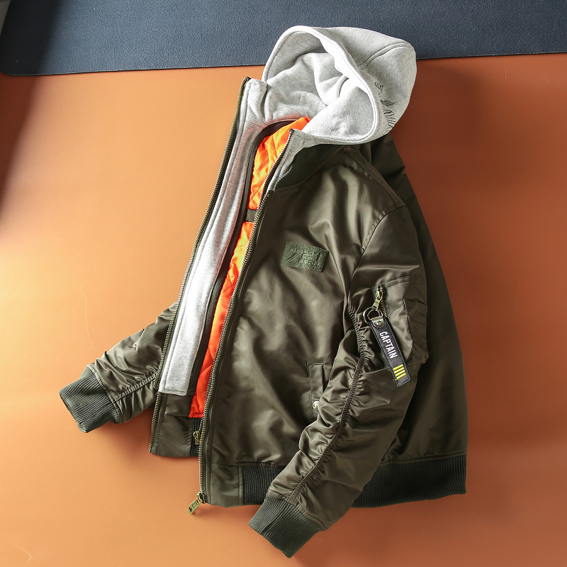 男士假两件连帽加厚飞行服外套潮