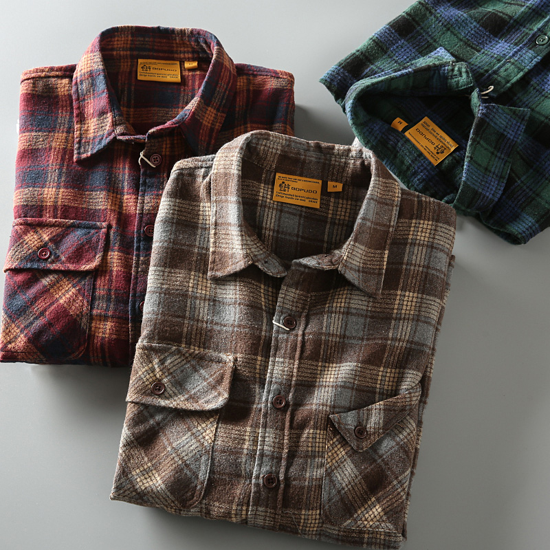 翻领长袖日系复古磨毛格纹衬衫春