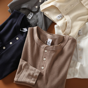 休闲长袖 美式 打底衫 纯色针织套头衫 T恤 休闲重磅华夫格亨利领男士