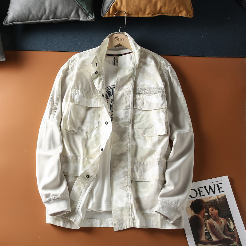 外贸余单全棉水洗迷彩印花男士户外立领工装休闲风衣夹克外套潮