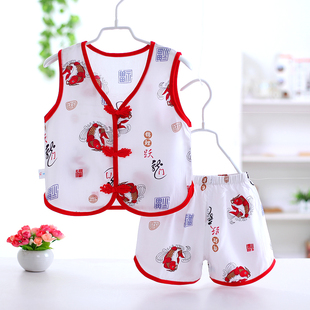 男童百天婴儿满月周岁礼服棉绸唐装民族风短袖套装汉服儿童黄马褂