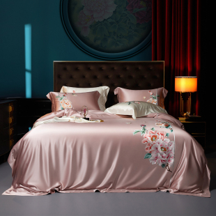 奢华刺绣35姆米真丝四件套重磅100%桑蚕丝绣花被套丝绸床单床品