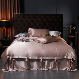 苏迷30姆米真丝四件套100%桑蚕丝纯色刺绣被套轻奢床单床上用品