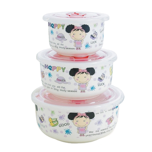 陶瓷大米饭碗带盖三件套装保鲜碗密封碗饭盒微波炉保温碗泡面碗具