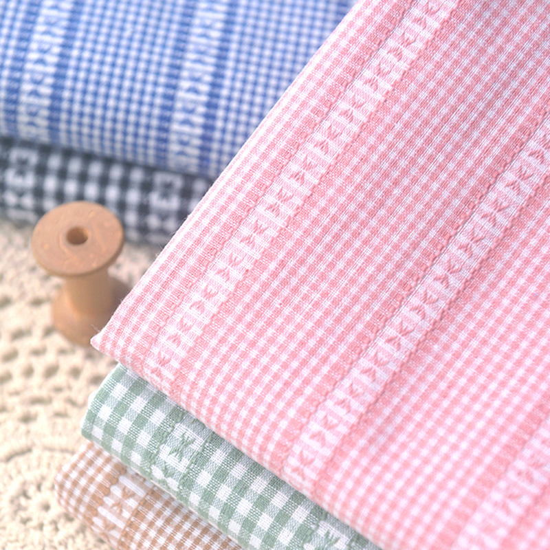 黑宝蓝粉绿卡其提花小格棉麻