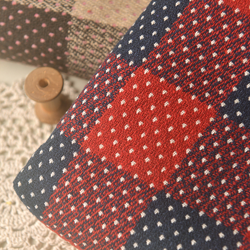 红蓝格白十字绣花涤棉混纺编织料秋衬衫连衣裙子童装发圈饰品面料