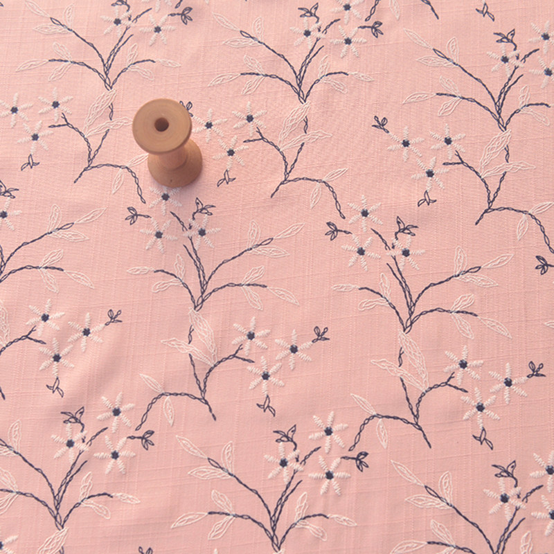 橘粉花簇竹节棉绸布料 连衣裙子汉服装上襦曲裾围巾娃衣睡衣面料