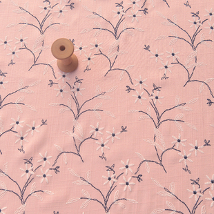 橘粉花簇竹节棉绸布料 连衣裙子汉服装上襦曲裾围巾娃衣睡衣面料