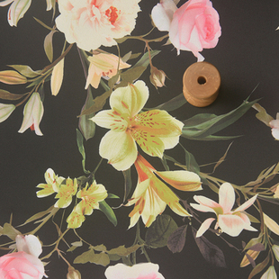 黑底浅裸粉白格仙美花簇贡缎聚酯纤维  夏秋连衣裙新中式旗袍面料