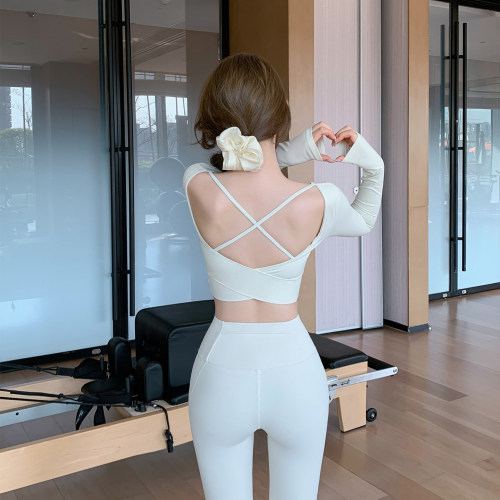 Byu run 新款交叉美背长袖瑜伽服上衣女一体式固定杯普拉提训练服