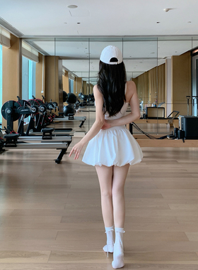 Byu run 新款白色高腰蓬蓬半身裙女修身花苞短裙防走光运动a字裙
