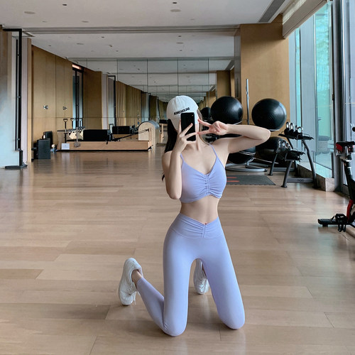 Byu run 新款前褶皱美背运动文胸瑜伽套装女v字腰健身长裤两件套