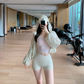 run新款 褶皱袖 口连帽防晒运动开衫 Byu 外套女短款 宽松瑜伽服上衣