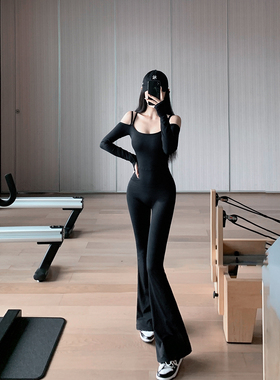 Byu run 新款高级感一字领黑色瑜伽服连体衣女修身喇叭运动连体裤