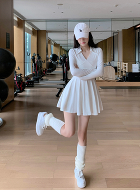 Byu run 高级感翻领白色网球运动连衣裙套装女内搭瑜伽短裤两件套